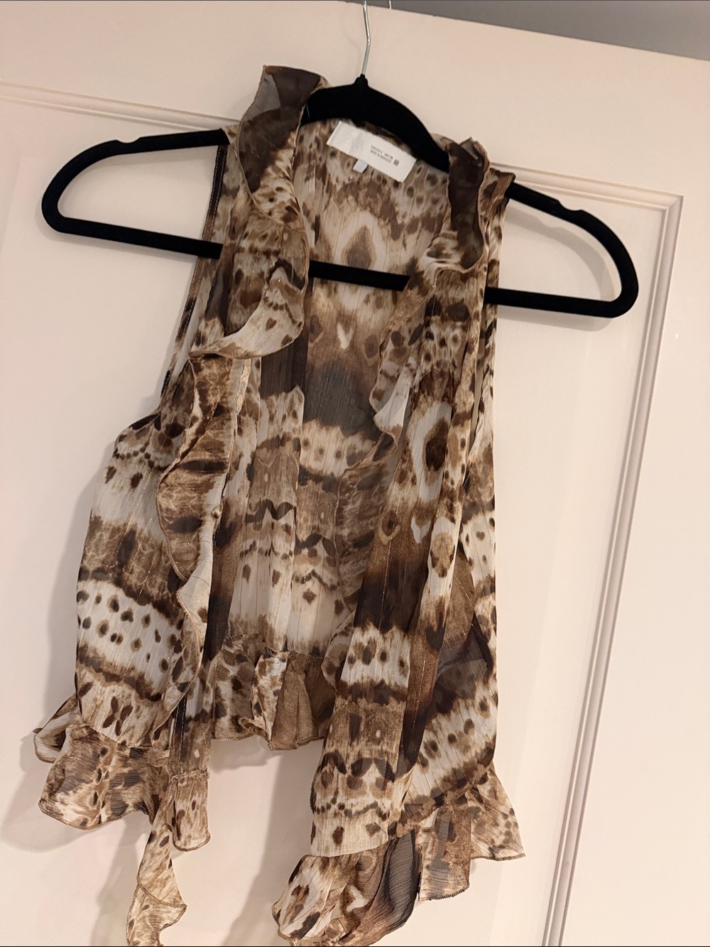 Sleeveless Ruffle Front Brown Print Women's Top